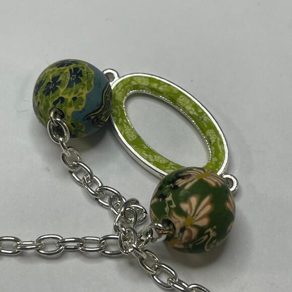 Viva Beads silver necklace silver tone green clay beads signed chunky beaded - Picture 6 of 11